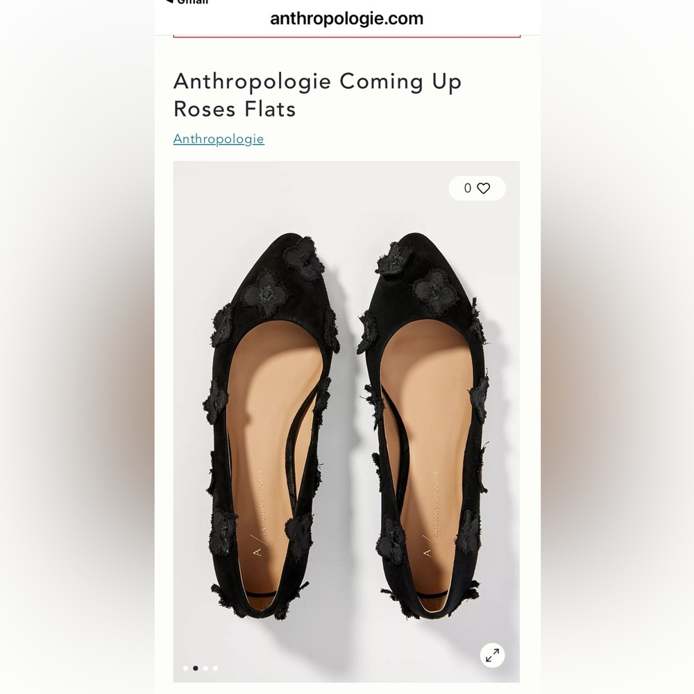 Anthropologie Black Suede flats with black floral appliqué